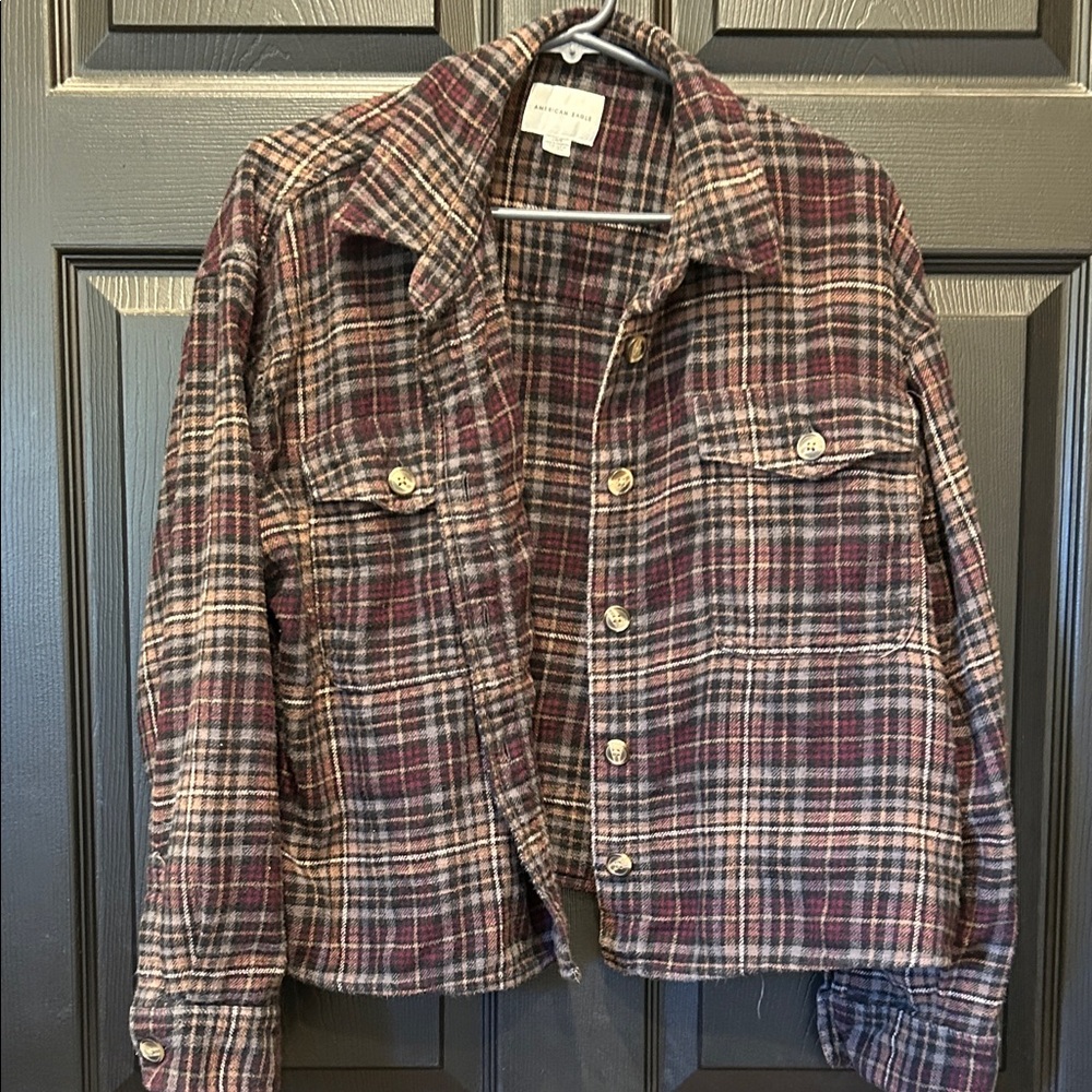 American Eagle Plaid Jacket in Burgundy and Tan